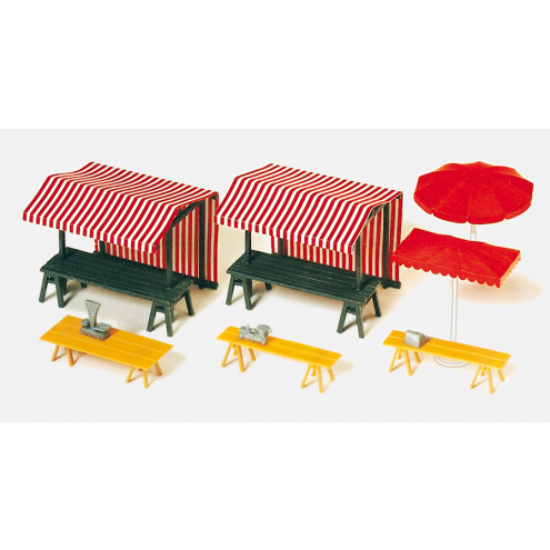 Preiser H0 17500 Marktstände, Marktschirme. Bausatz