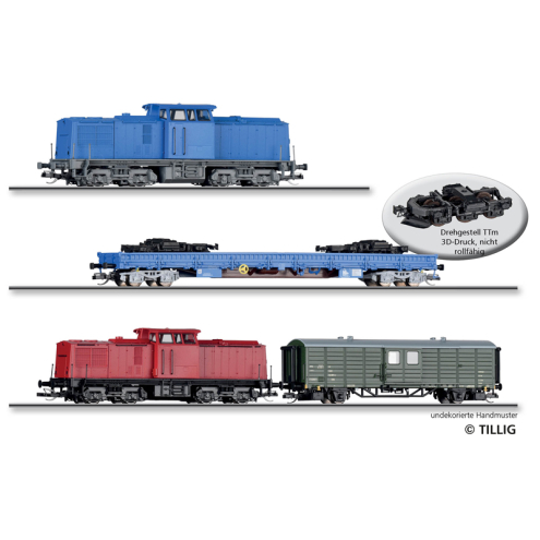 Tillig TT 01080 Güterzugset „HSB-Loküberführung“ der Eisenbahn-Bau- und Betriebsgesellschaft Pressnitztalbahn mbH (PRESS), Ep. VI