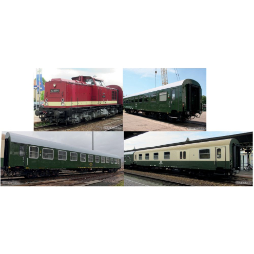 Tillig TT 01121 Reisezugwagenset „Museumszug der OSEF e.V.“, bestehend aus einer Diesellokomotive BR 112, einem Reisezugwagen 2. Klasse Bghw und einem Reisezugwagen 2. Klasse mit Gepäckabteil BDwsb und ein Reisezugwagen 2. Klasse Ep. IV