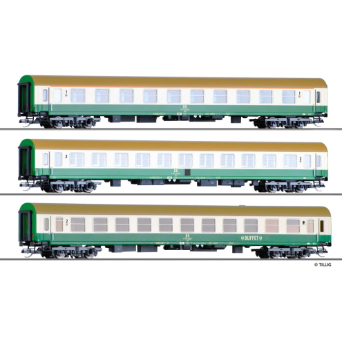 Tillig TT 01124 Reisezugwagenset der DR, bestehend aus einem Reisezugwagen 1. Klasse, einem Reisezugwagen 1./2. Klasse und einem Reisezugwagen 2. Klasse mit Buffetabteil Ep. IV