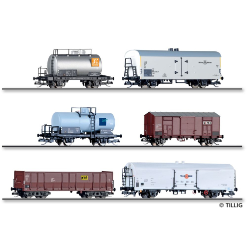 Tillig TT 01137 Güterzugset „80 Jahre Nenngröße TT“, bestehend aus je einem Kesselwagen Udh, Kühlwagen Ichqrs, Kesselwagen Z, gedeckten Güterwagen Ghkkms,offenen Güterwagen Eals und Kühlwagen Ibbhss Ep. IV