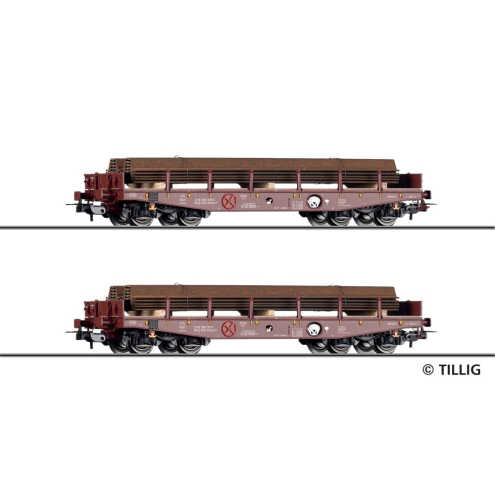 Tillig H0 70073 Güterwagenset der TSS Cargo a.s. (CZ), bestehend aus zwei Schwerlastwagen Rmms 662 beladen mit Spundwänden, Ep. VI