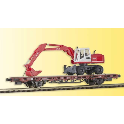 Kibri H0 26258 Fertigmodell Niederbordwagen mit Atlas Radbagger